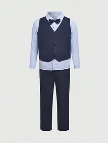 SHEIN Bộ vest trang trọng 3 món cho bé trai tuổi teen: Áo sơ mi dài tay cổ sọc, nơ tương phản, quần trơn màu, đi học, ngày lễ, đám cưới, tiệc sinh nhật, thu/đông - Nhiều màu - Xem 9
