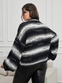 SHEIN Cottnline Plus Size Women Brushed Effect Striped Knit Design Sweater - Black and White - View 2