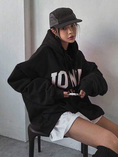 DAZY Women Letter Print Oversized Pullover Hoodie,Fall Women Clothes Sweatshirt