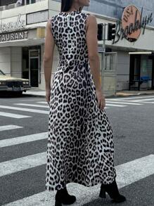 Chiquease Women's Casual Leopard Print Zipper Sleeveless Dress - Coffee Brown - View 2