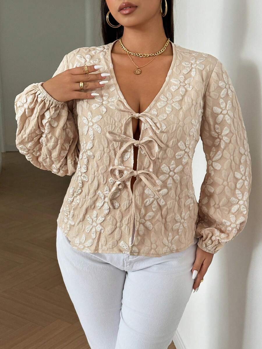 SHEIN Unity Plus Size V-Neck Front Tie Casual Versatile Long Sleeve Shirt - Apricot - View 1