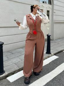 Flirla Classic Striped Splicing Shirt Collar Top + Straight-Leg Pants Suit, 2pcs Set, Minimalist Long Sleeve Elegant Outfit Fall Cloth For Women - Khaki - View 5