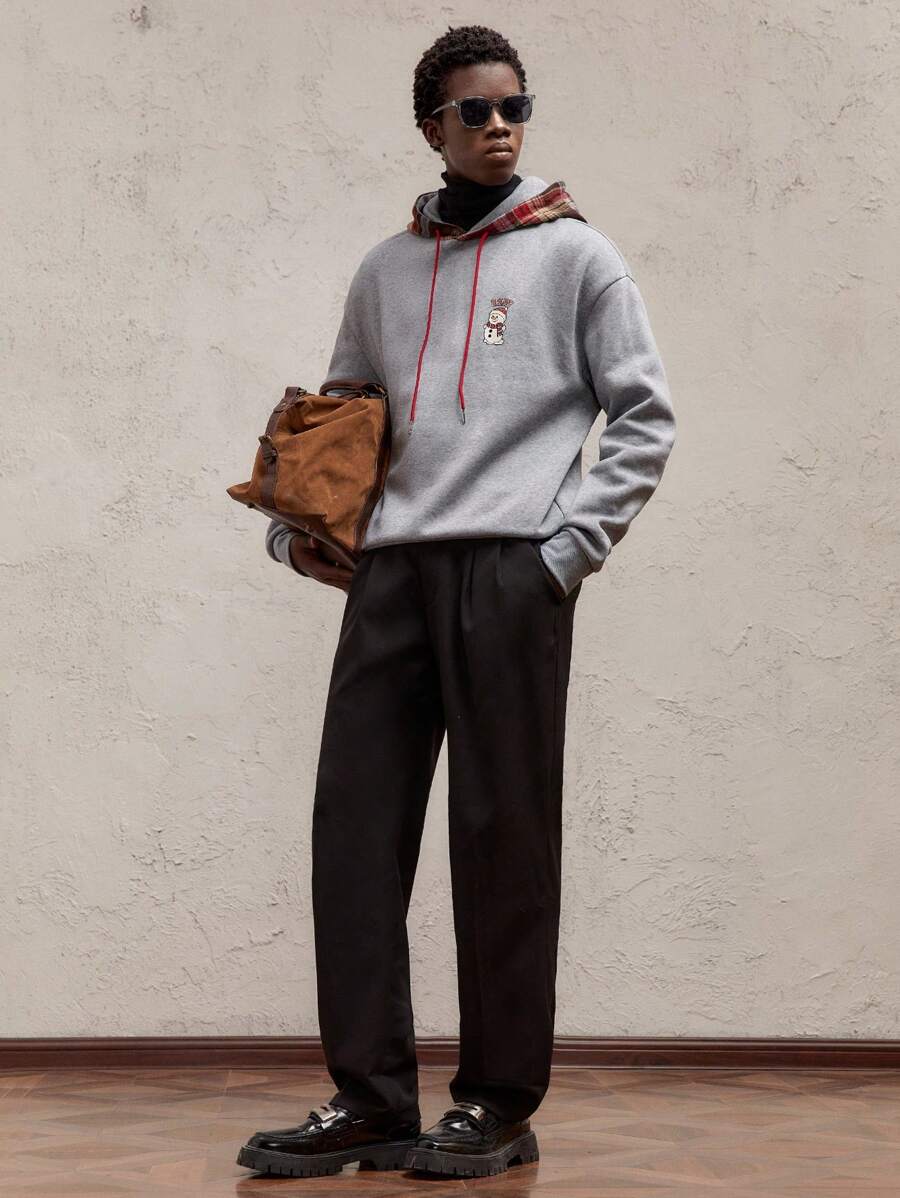 AKNOTIC Party 圣诞节男士针织超大落肩休闲套头连帽衫，配以彩色图案印花，适合秋冬季、圣诞节、新年、雪人、格子、卡通图案 - 灰色 - 查看 1