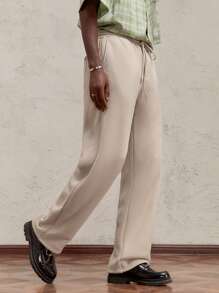 AKNOTIC Party 圣诞节男士修身长款弹力腰抽绳O型环裤，香蕉筒裤，休闲卡其色长裤，适合秋冬季、新年、圣诞节穿着。撞色织带，保暖内衬，金属丝线缝制。 - 卡其色 - 查看 5