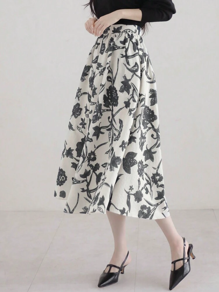 Women's Elegant Textured Floral Print High Waist Skirt, Autumn