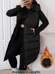 SHEIN PETITE CURVE Áo khoác không tay có mũ trùm đầu màu trơn cỡ lớn có khóa kéo phía trước cho mùa đông - màu đen - Xem 1