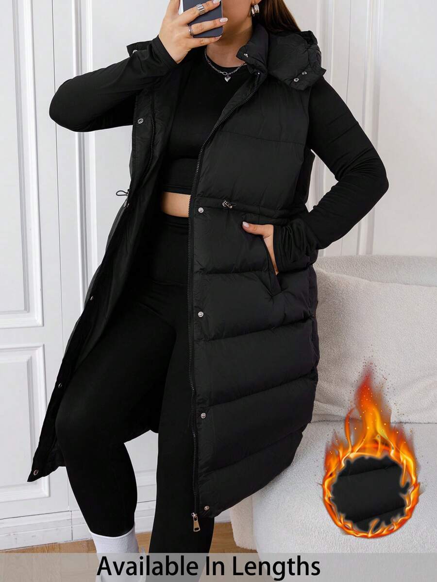 SHEIN PETITE CURVE Áo khoác không tay có mũ trùm đầu màu trơn cỡ lớn có khóa kéo phía trước cho mùa đông - màu đen - Xem 1