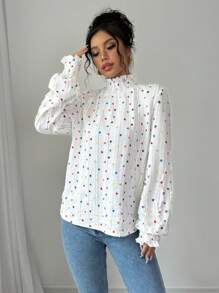 Calvaya Camiseta ajustada de mujer de cuello alto con mangas largas, adorno de volantes y gráfico de corazón colorido, para otoño e invierno
