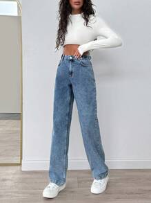 SHEIN Cottnline WOMEN STRAIGHT LOW WAIST JEANS - Medium Wash - View 6