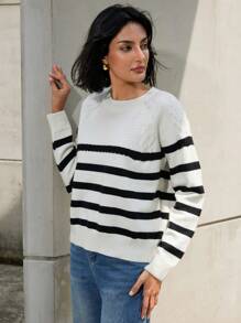 Aveloria Women Casual Round Neck Raglan Sleeve Striped Pattern Pullover Sweater Knit Pullover Fall Winter Outfit - Black and White - View 1