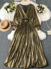 Maweii Đầm Maxi Cổ Chữ V Tay Dài Viền Xẻ Bên Thanh Lịch Cỡ Lớn Cho Nữ, Mùa Xuân Thu Cho Quần Áo Dự Tiệc Năm Mới - Vàng - Xem 2