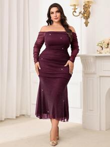 Modelyn Burgundy Red Plus Size Glitter Mermaid Hem Elegant Dresses