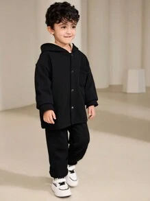 SHEIN 2 件装年轻男孩纯色前扣长袖连帽衫和裤子休闲套装 - 黑色 - 查看 5