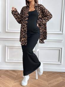 SHEIN 2pcs Maternity Leopard Print Drop Shoulder Long Sleeve Shirt & Sleeveless Dress Set, Casual Style, Autumn - Blue - View 2