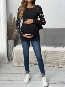 SHEIN 孕妇双色插肩袖褶皱侧 T 恤，秋季