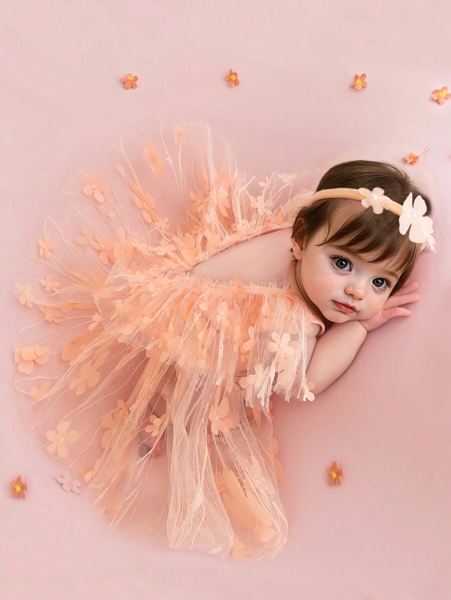 新生女婴花卉网眼摄影连体衣，女婴荷叶边网眼连体衣，适合拍照、一个月和 100 天庆祝活动 - 粉色 - 查看 1