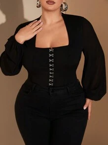 SHEIN BAE Plus Size Curve Big Woman Sexy Elegant Party Birthday Black Large Square Collar Buttoned Chiffon Puff Sleeve Bodysuit Long Sleeve Bodysuit Fall And Winter Bodysuit - Black - View 8