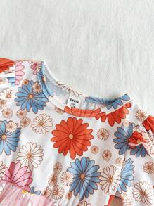 SHEIN 女婴 2-4 岁秋冬新品可爱休闲日常柔软面料花卉雏菊薄纱泡泡袖公主裙 - 粉色 - 查看 5