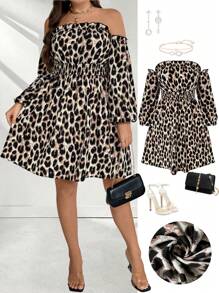 SHEIN Unity Vestido de manga larga con hombros descubiertos, volantes y estampado de leopardo, talla grande - Multicolor - Ver 1