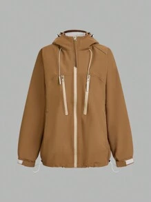 SHEIN Outdoor Urban 连帽拉链抽绳纯色长袖运动夹克冬季女式上衣