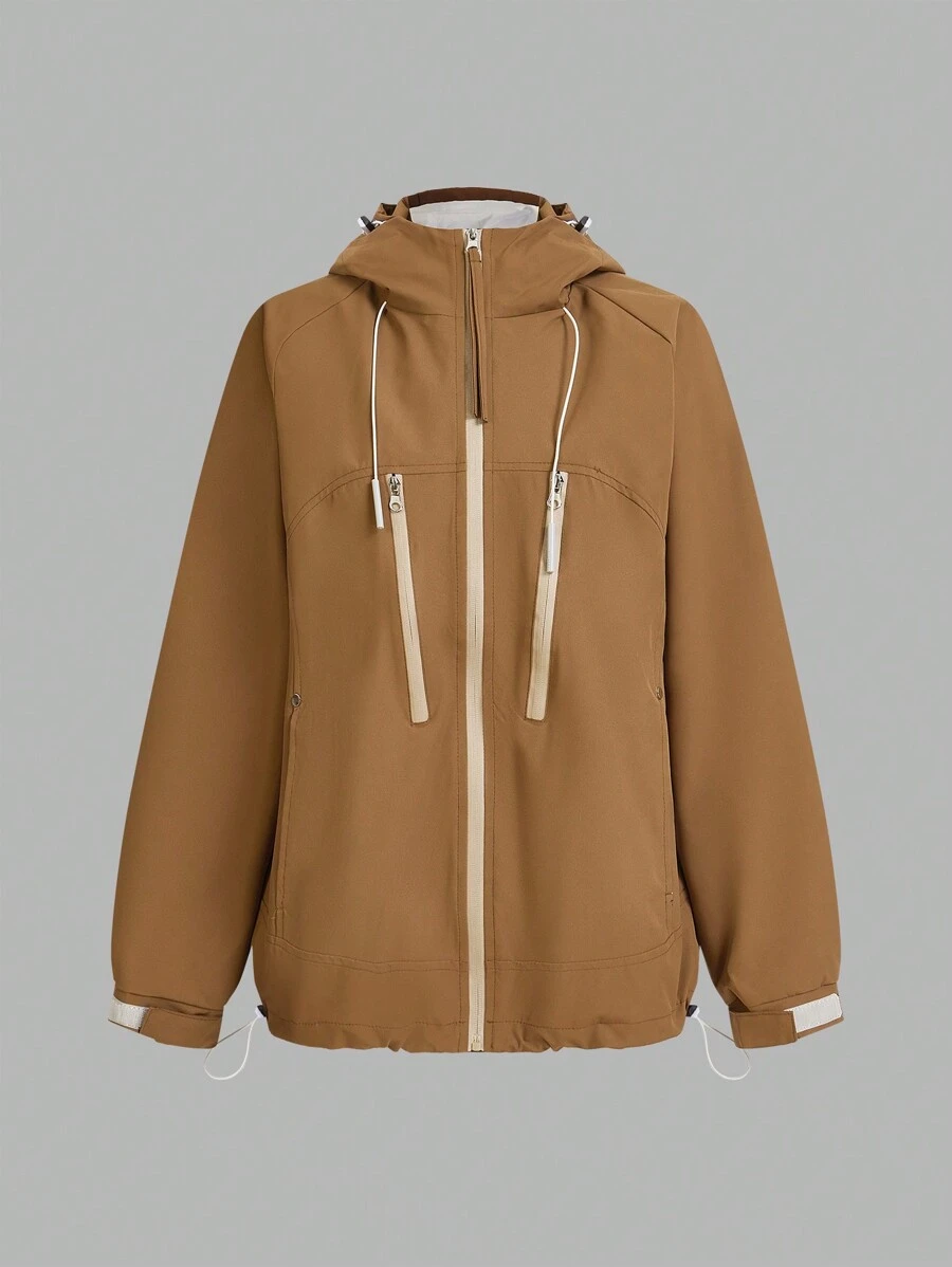 SHEIN Outdoor Urban 连帽拉链抽绳纯色长袖运动夹克冬季女式上衣