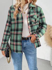 EMERY ROSE 女士休闲格子法兰绒口袋衬衫，长袖，秋冬季，长袖上衣