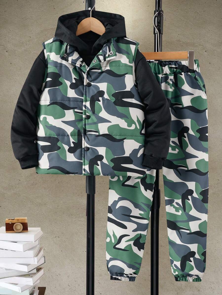 SHEIN Tween Boy Solid Color Long Sleeve Top, Buttoned Front Sleeveless Camo Jacket And Pants 3 Piece Casual Set