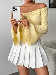 Chiquease 1 chiếc áo thun trễ vai cho nữ, dây rút, viền bất đối xứng, tay loe, vải có họa tiết, trẻ trung và thời trang - Màu vàng - Xem 4