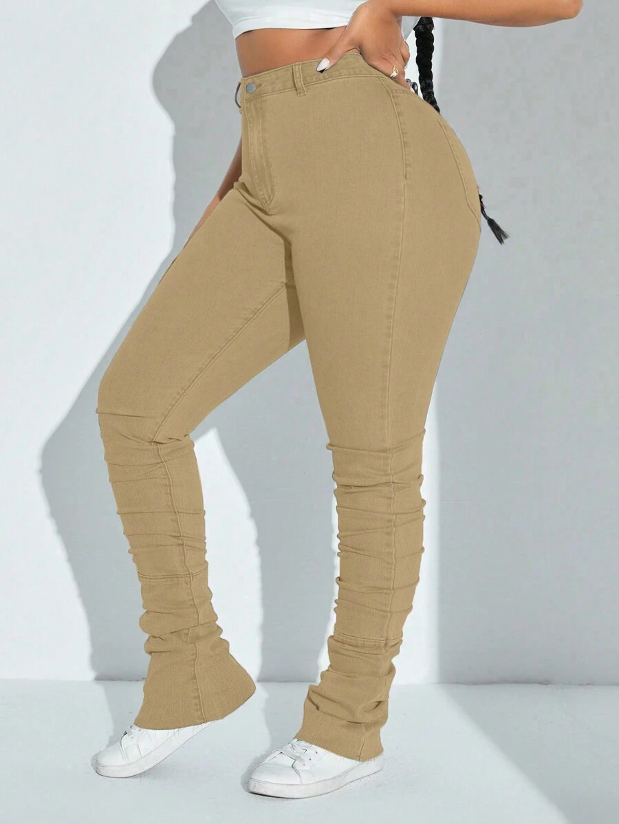 SHEIN SXY 大码女式米色弹力紧身牛仔裤