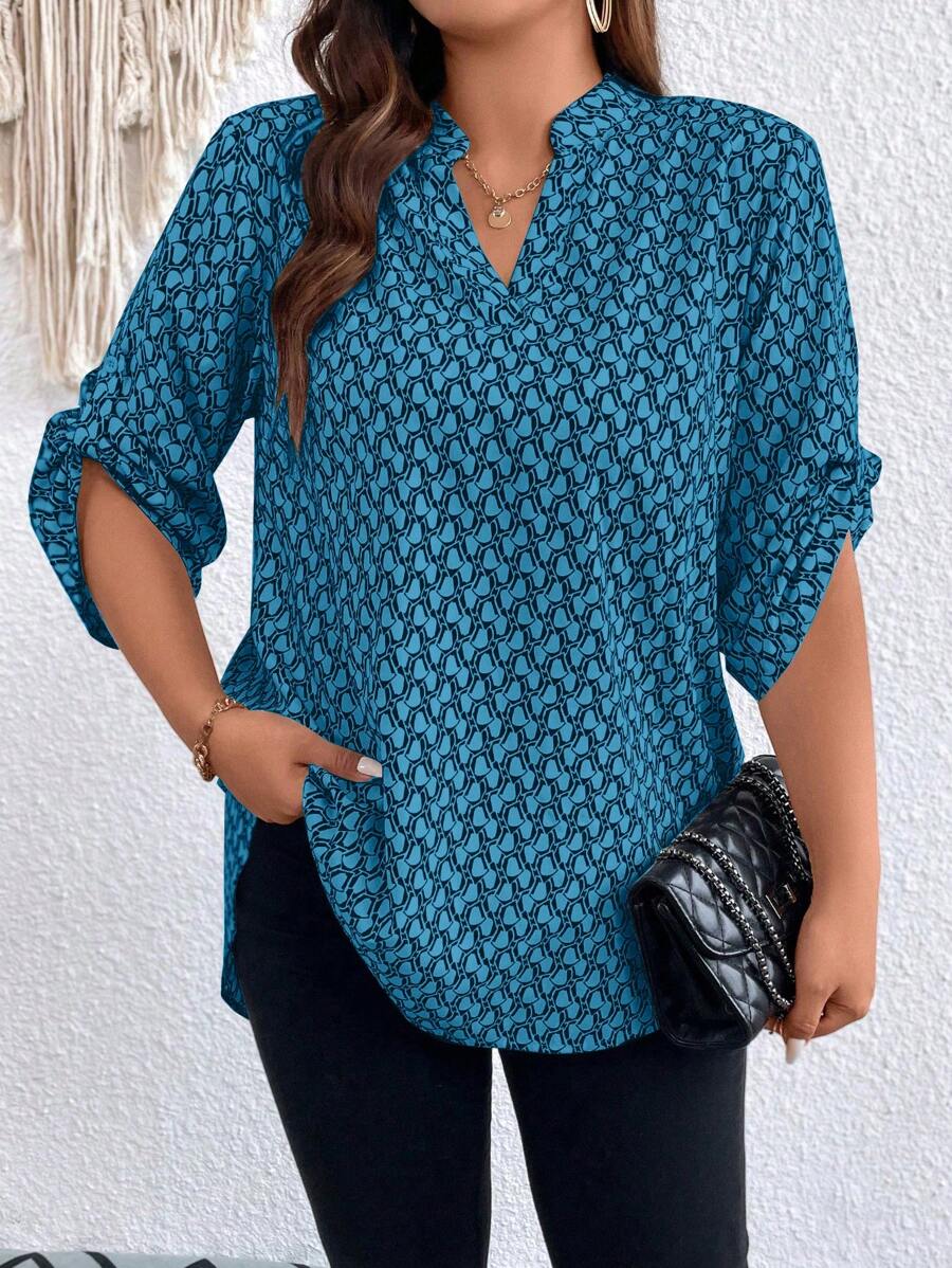 SHEIN LUNE 大码女式几何印花 V 领卷边袖口休闲宽松衬衫，秋季 - 水鴨藍 - 查看 1