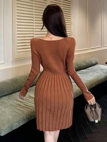 DAZY Váy len dệt kim dài tay cho nữ, Quần áo thu/đông, mùa thu cho nữ - màu nâu - Xem 5