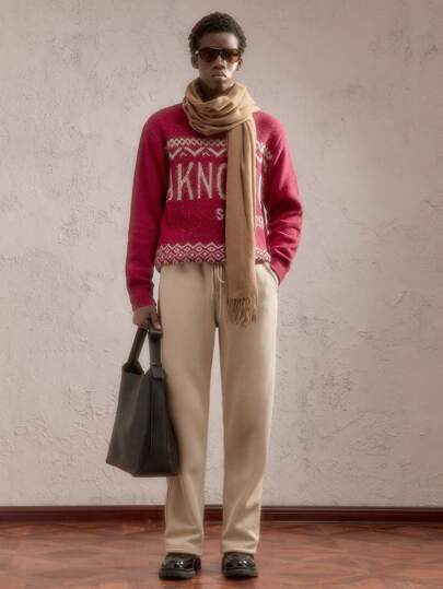 AKNOTIC Party Jersey de cuello redondo de manga larga, de corte holgado, de punto rojo con hilo dorado, diseño casual con estampado de letra y copo de nieve, adecuado para otoño/invierno, Navidad y Año Nuevo