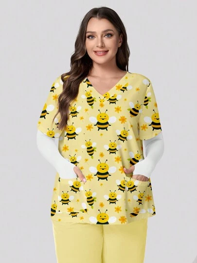 PopScrub Plus Size Cute Yellow Bee Print V-Neck Short Sleeve Pocket Ear Loop Nurse/Doctor Uniform Scrub Top For Women