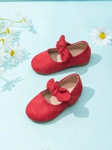 1pair Cute Velvet Bow Decor Flats For Little Girls, Suitable For All Seasons
