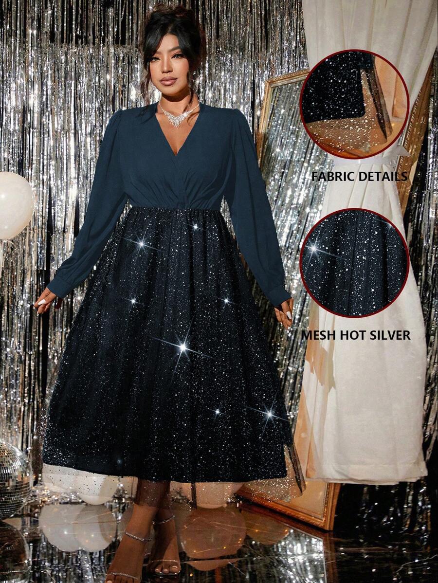 Celure Plus Size Women Patchwork Shiny Hem V-Neck Long Sleeve Elegant Dress