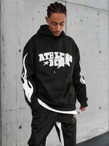 PAVTROS Manfinity Streetrush Oversized Men's Cross & Letter Graphic Drop Shoulder Drawstring Hoodie,Graphic Sweatshirt,Crew Neck Sweatshirt,Back To School Clothes - Black - View 6