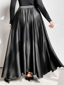Vionelle Plus Size Elegant Solid Color Flared Skirt, Autumn Maxi Women Outfit - Black - View 2