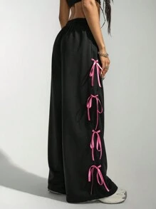 SHEIN EZwear Women's Fall Winter Y2K Street Wear Bow Detail Knot Tie Black Sweatpants