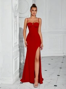 ADYCE 前开衩露背细肩带连衣裙，腰部有褶皱，适合派对舞会或活动，女士优雅正式晚会舞会礼服，适合婚礼嘉宾、毕业典礼、晚宴 - 紅色 - 查看 1