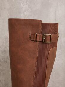 SHUZIA 女式纯色高跟扣膝长靴，秋冬款 - 卡其色 - 查看 6