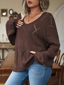 EMERY ROSE 大码纯色V领长袖镂空极简毛衣，休闲日常穿着，冬季针织套头衫 - 咖啡棕 - 查看 6
