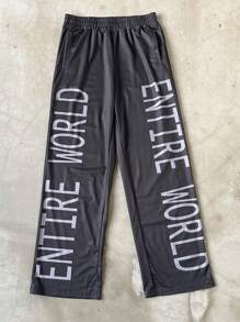 Manfinity Streetrush Pantalones deportivos casuales sueltos con estampado gráfico de letras, cintura elástica con bolsillo, para salir en otoño, ropa de calle holgada, regalo para el esposo o novio