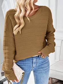 SHEIN Unity 1件女士纯色长袖休闲毛衣，背面饰有蝴蝶结，秋冬针织套头衫 - 卡其色 - 查看 4
