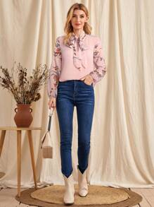 EMERY ROSE Áo cánh dài tay cổ buộc họa tiết hoa thanh lịch cho nữ - Hồng - Xem 5