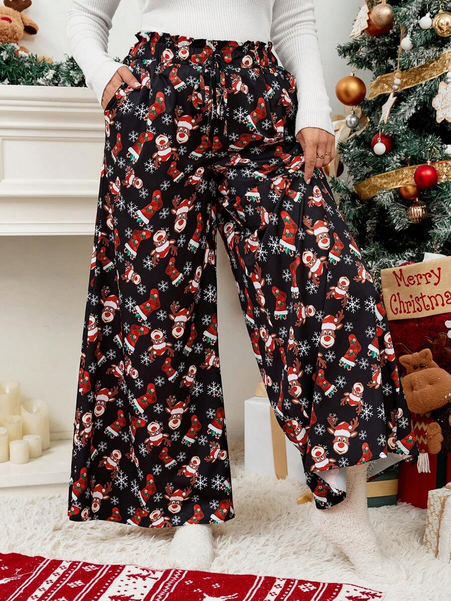 SHEIN LUNE Fall Outfits,Plus Size Women's Boots & Snowflakes Print Loose Long Pants, ,Casual Everyday Wear, New Years Women Outfit Holiday Outfit - Multicolor - View 1