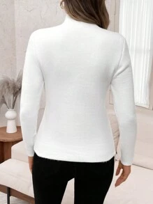 SHEIN LUNE Women's Solid Color High Neck Long Sleeve Slim Fit Fleece Sweater, Autumn/Winter - Brown - View 2
