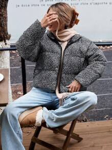 SHEIN LUNE 女士休闲波尔卡圆点豹纹短款保暖立领口袋羽绒服，秋冬