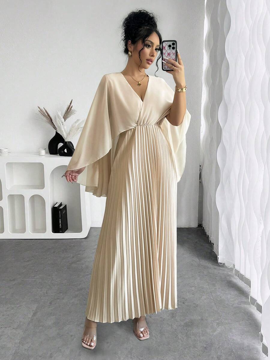 Chiquease 女式纯色 V 领交叉裹身褶皱长袖休闲连衣裙 - 杏色 - 查看 1