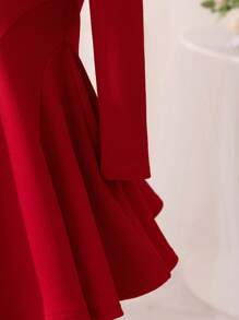 SHEIN Young Girl Solid Color Knitted Round Neck Plaid Patchwork Dress, For Christmas - Red - View 6