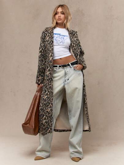 MISSGUIDED Leopard Print Long Coat Winter Fall Oversized Luxury Fashion Statement Midi Length Outerwear Soft Plush Warm Textured Fabric